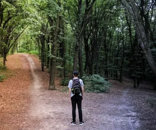 Student mit Rucksack steht vor Weggabelung