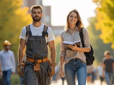 Auszubildener und Studentin laufen gemeinsam auf einem Gehweg