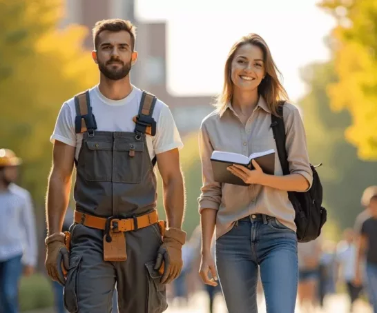 Auszubildener und Studentin laufen gemeinsam auf einem Gehweg