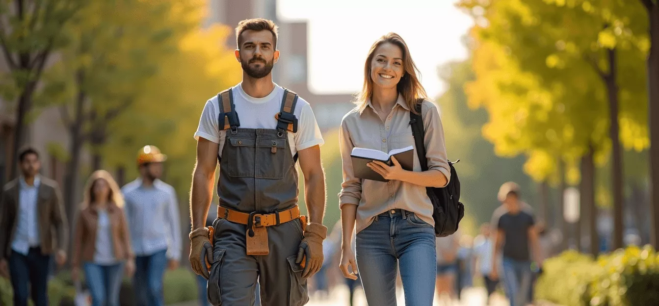 Auszubildener und Studentin laufen gemeinsam auf einem Gehweg