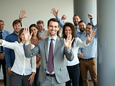 Eine Gruppe junger Nachwuchsführungskräfte stehen zusammen in einem Büro