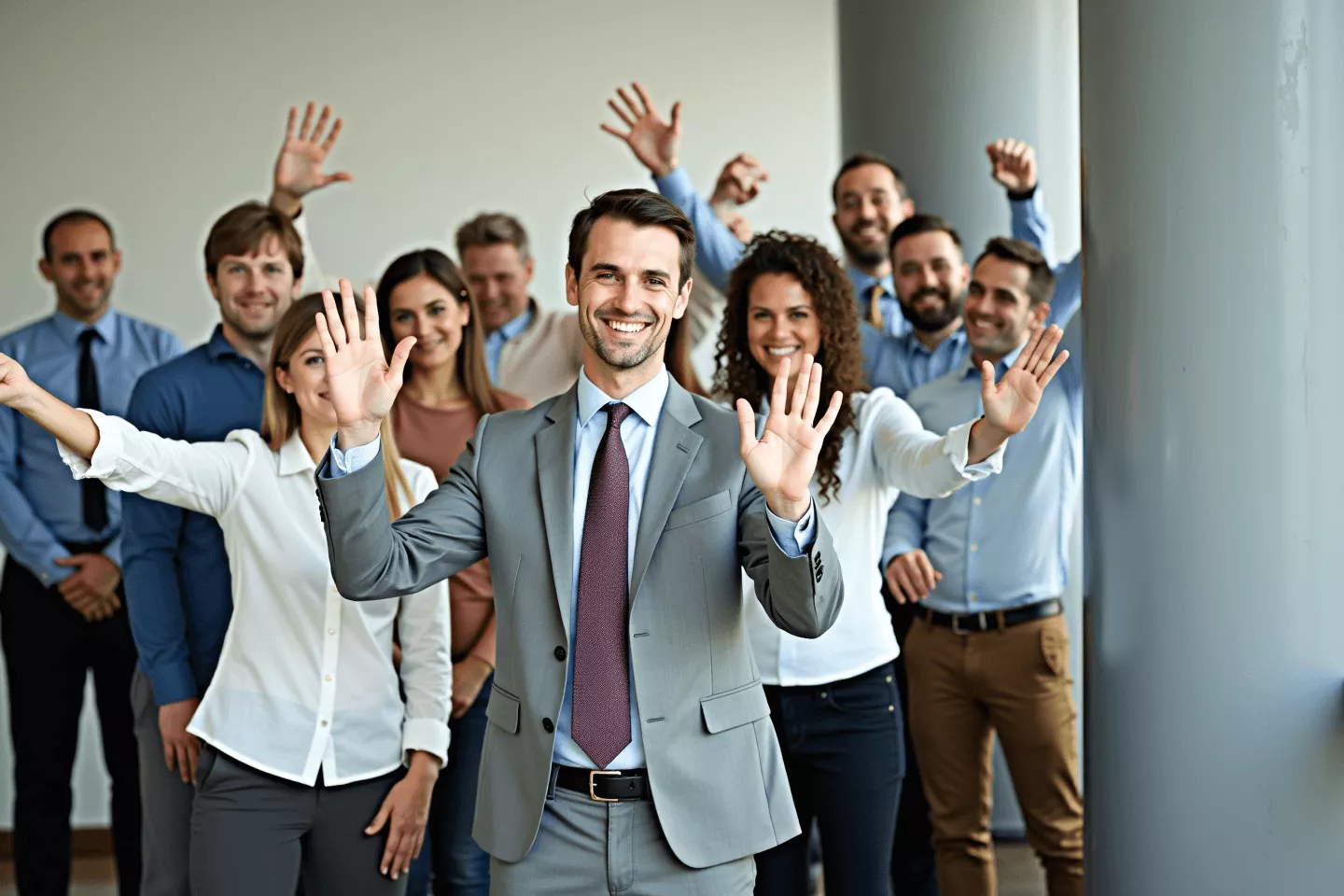 Eine Gruppe junger Nachwuchsführungskräfte stehen zusammen in einem Büro