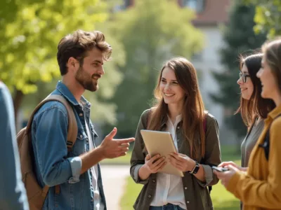 Eine Gruppe von Studierenden steht auf dem Uni Campus