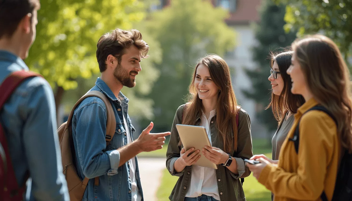 Eine Gruppe von Studierenden steht auf dem Uni Campus