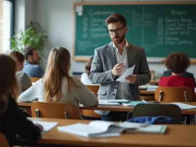 Ein Lehrer steht in einer Klasse von Sprachstudierenden