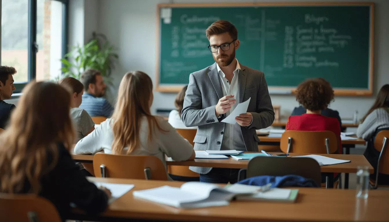 Ein Lehrer steht in einer Klasse von Sprachstudierenden