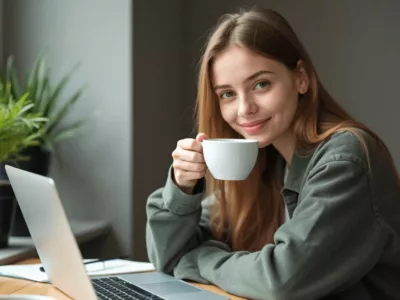 Studentin lächelt und hält eine Tasse Kaffee in der Hand