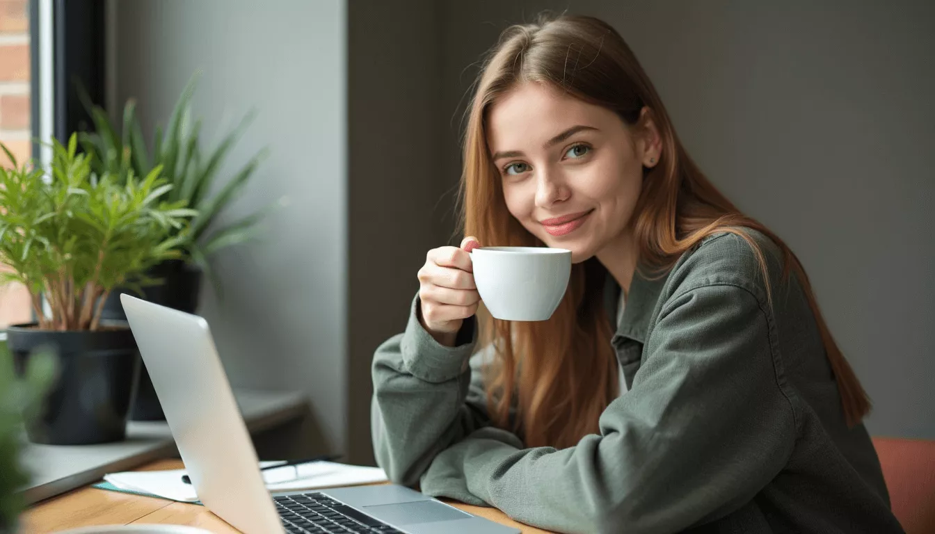 Studentin lächelt und hält eine Tasse Kaffee in der Hand