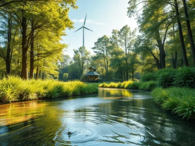 Fluss im Wald mit Windrad im Hintergrund