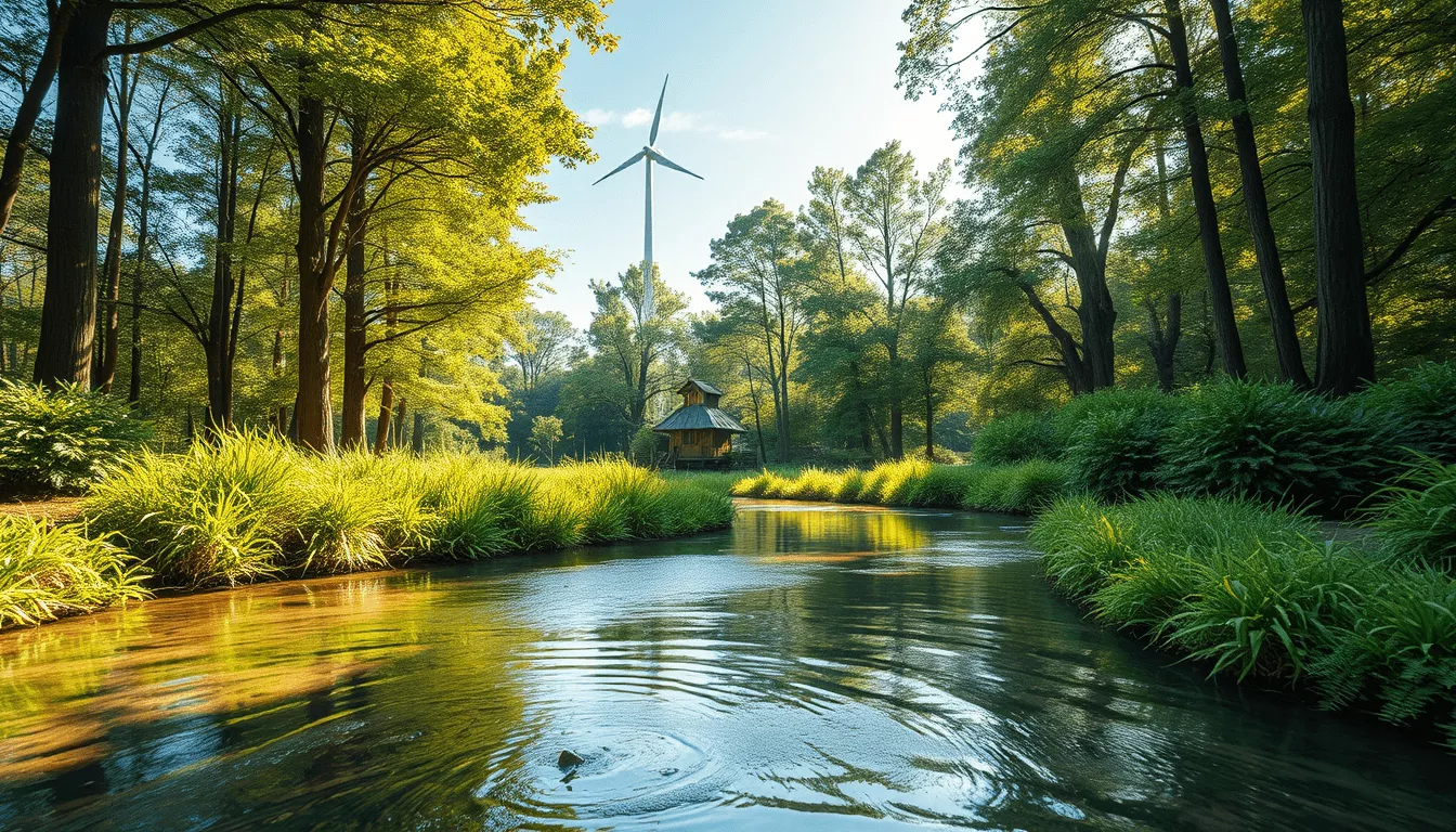 Fluss im Wald mit Windrad im Hintergrund