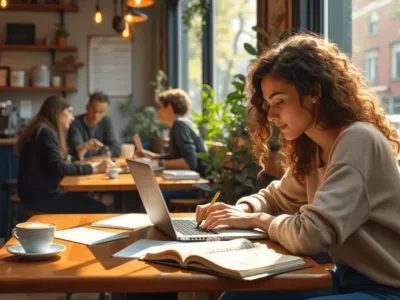 Studierende lern am Laptop in einem Café