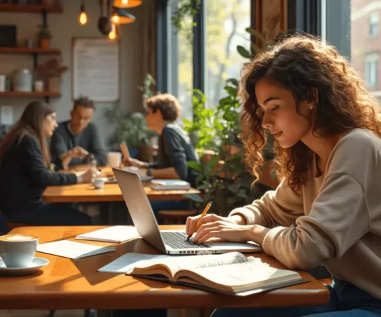 Studierende lern am Laptop in einem Café