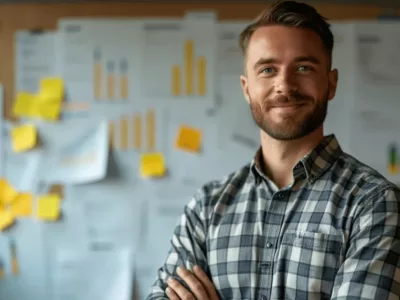 Student im Karohemd vor einer Wand mit Diagrammen und Postits