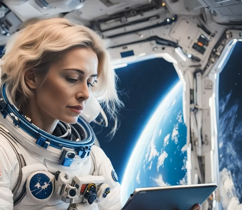 Astronautin mit Tablette auf Raumstation mit Erde im Hintergrund